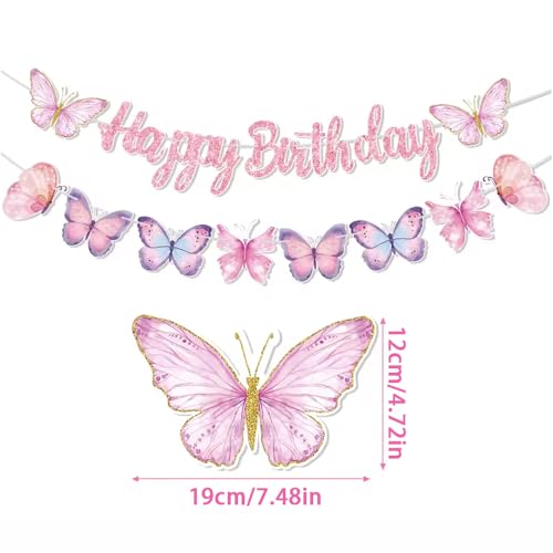 Image of Yajuo Pink Butterfly Birthday Banner, 63 inch x 23.6 inch, Fade Resistant, Lightweight, Women /Girls /Teen Girls