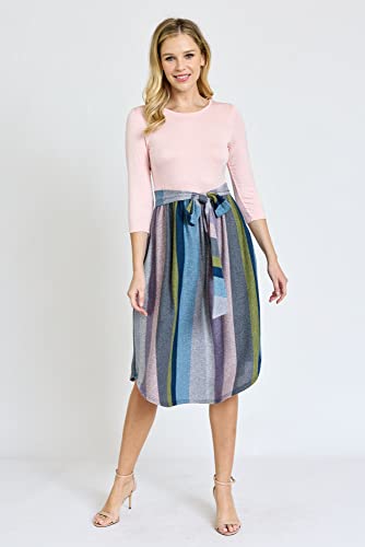 Image of Eloges Women's 3 /4 Sleeve Contrast Waist Band Floral Curved Hem Midi Dress
