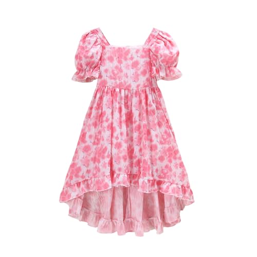 Girls Floral Dress Puffed Sleeves Boho Dresses Ruffle Casual Summer Square Neck Dressy Frocks for Kids Girls 7-12Y