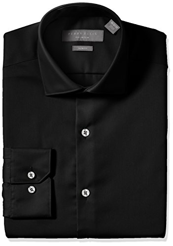 Perry Ellis Men's Slim Fit Non-Iron Cotton Dress Shirt, Black Solid, 16.5 34/35
