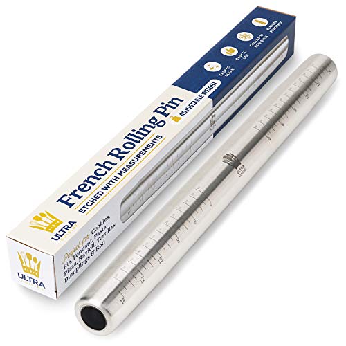 Professional Tapered French Rolling Pin - Stainless Steel Rolling Pin with Measurements - Adjustable Weight, Non-stick, Dough Cooling - Roller for Baking, Fondant, Cookies, Pie Crust, and Pastries