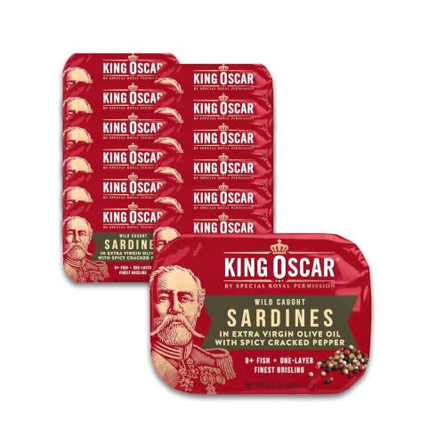 King Oscar Wild Caught Sardines in Extra Virgin Olive Oil, Spicy Cracked Pepper, 3.75 Ounce (Pack of 12)