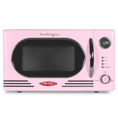 Image of Nostalgia NRMO11PK6A 1000 Watt Power Retro Countertop Microwave Oven Easy to Clean with Removable Glass Turntable-Child Safety Lock-12 Programs-Digital Clock, 1.1 Cu Ft, Pink