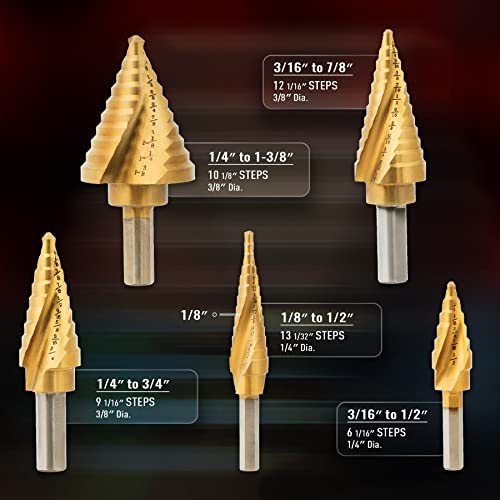Co-Z SDB2021LX&TA Zelcan Hss 5Pcs Titanium Spiral Grooved Step Drill Bit Set With Automatic Center Punch, Unibit Drill Bits Set For Sheet Metal thumb #2