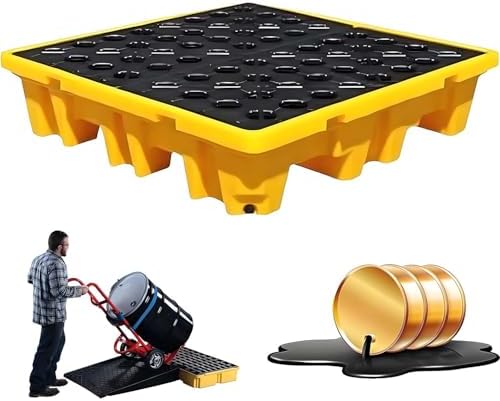 Low Profile Drum Containment Spill Pallet, Polyethylene Paint Bucket Tray with Drain, Leakproof Storage Platform for Industrial Garage, 130x130x15cm