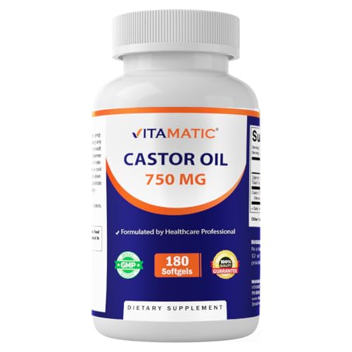 Vitamatic Castor Oil Softgels 750 mg | Cold Pressed | 180 Softgels | Easy-to-Swallow