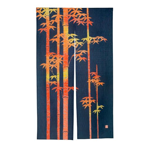 Rideau de porte japonais noren en bambou orange bleu marine 85x150 cm