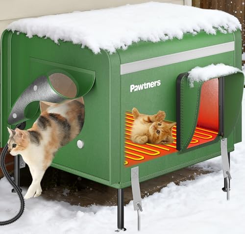 Pawtners Heated Outdoor Cat House for Outside Cats, 19'' Large Insulated Weatherproof Cat Shelter with Heated Pad, Elevated Feet & Escape Door, Warm Kitty House for Feral or Stray Cats in Winter