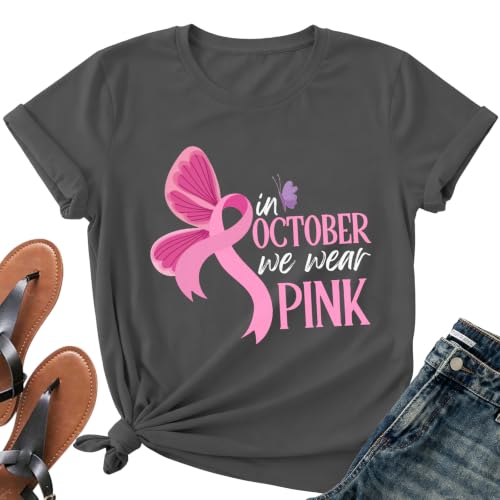 Image of Breast Cancer Awareness Ribbon Shirt Women-in October We Wear Pink Tees | Meaningful October Breast Awareness Cancer Shirt Pink Butterfly Short Sleeves Perfect for Survivors and Family Supporters