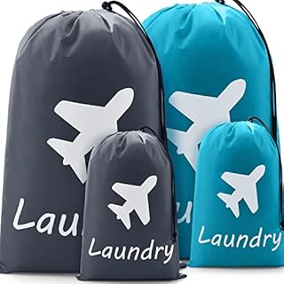 Shappy 4 PiecesTravel Laundry Bags, Travel Organizer Bag with Nylon Drawstring Machine Washable Dirty Clothes Blue Grey Mat Bags Accessories for Hamper Basket Camp Home College Dorm