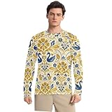 Elegante camisa de manga larga con diseño de cisne floral de damasco UPF 50+, cómoda camisa de sol de cuello redondo para hombre, manga larga, senderismo, Elegante cisne floral damasco, XX-Large