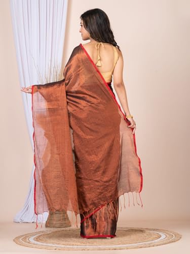 Image of Women's Tissue Cotton Saree | Plain Lightweight Tassel Pallu Saree with Blouse