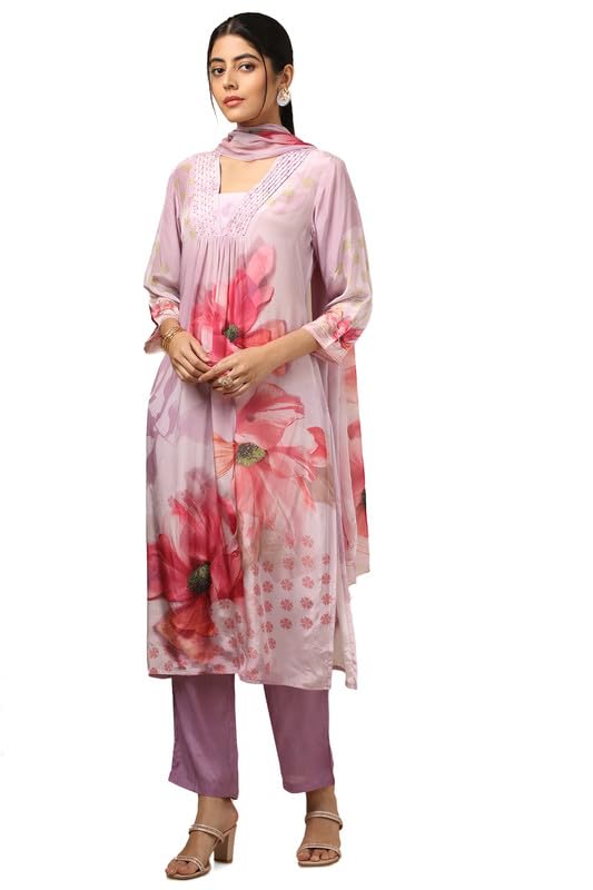 Image of Soch Womens Purple Crepe Floral Print Suit Set With Beads