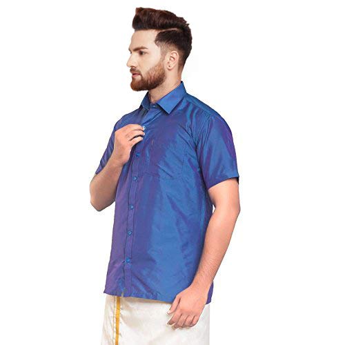 Image of SJS-Men's Half Sleeve Solid Art Silk Shirt