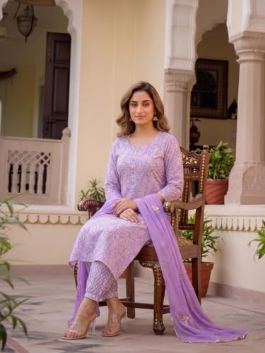 Image of ANNI Designer Rayon Viscose Printed Straight Kurta with Pant and Dupatta for Women | Rayon Viscose Purple | 3 /4 Sleeve | Round Neck | Ethnic Wear Casual Wear