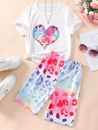 Image of NEW 8-12 Years Girls Summer Outfits 2 Piece Set Trendy Print Top & Stretchy Shorts Casual Playwear