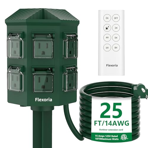 Flexoria Outdoor Power Stake Timer, Remote Control Dusk to Dawn Light Timer, 25FT Extension Cord Waterproof, 6 Grounded Outlets for Outdoor Christmas Decorations, ETL Listed Flexoria Outdoor Power Stake Timer, Remote Control Dusk to Dawn Light Timer, 25FT Extension Cord Waterproof, 6 Grounded Outlets for Outdoor Christmas Decorations, ETL Listed