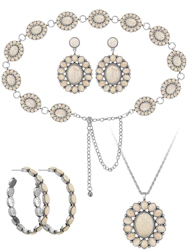 4 Pcs White Turquoise Concho Chain Belt Set Metal Western Waist Belts Turquoise Necklace Earrings Jewlery for Women