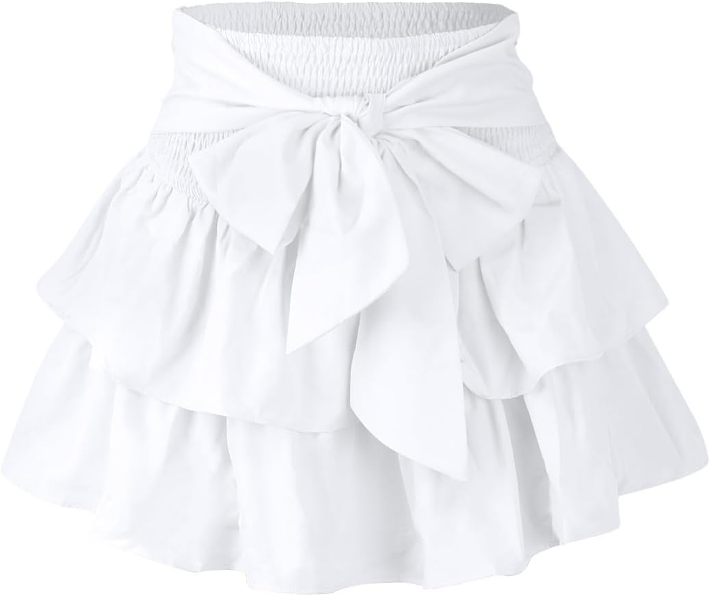 Drisun Women's Bow Front Mini Skirt High Shirred Waist Layered Ruffle Hem Short Tiered Cake Skirts