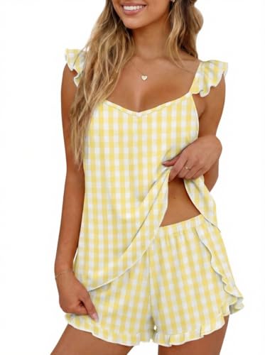 Image of Ekouaer Pajamas for Women set 2 Piece Ruffle Tank Top Split Leg Cami Shorts