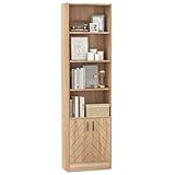 Giantex 6-Tier Bookshelf with Double Doors, 71' Tall Bookcase w/ 4 Open Cubes & 3 Adjustable Shelves, Mid Century Display Cabinet, Modern Floor Storage Organizer for Living Room, Study, Oak (1)