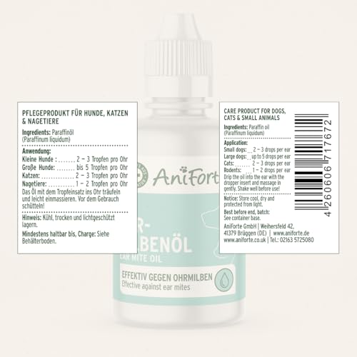 AniForte Ohrmilbenöl für Hunde, Katzen & Nagetiere 50ml – Ohrentropfen bei Juckreiz & Milben, Mittel bei Ohrmilben, Ohrenpflege & Ohrenreinigung