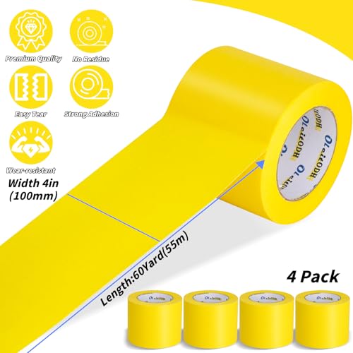 Image of 4 Rolls Yellow Painters Tape Bulk 4 inch x 60 Yards, Total 240 Yd, Painters Masking Tape No Residue Wall Painting Tape Artist Tape Trim Edge Finishing Tape for Wall Painting Decoration DIY Supplies
