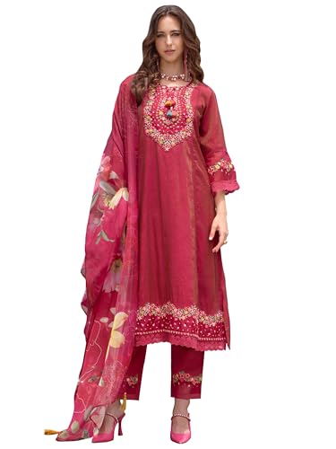 Image of INDO ERA Women's Silk Blend Embroidered A-Line Kurta and Pant with Dupatta Set (Ieout6682)