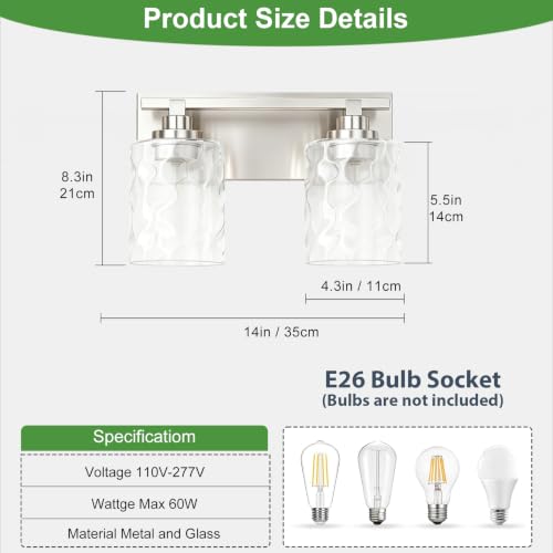 Image of Bathroom Light Fixtures,2-Light Brushed Nickel Vanity Lights Over Mirror