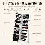 Sweetcrispy Freestanding Jewelry Armoire Cabinet, 47.3-Inch Full Length Jewelry Organizer Standing Mirror, Tall Lockable Large Capacity Makeup Organizer Storage, Velvet Lining, 3 Angles, White - Image 3