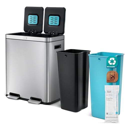 Image of Home Zone Living 16 Gallon Kitchen Trash Can with Dual Compartments for Recycling and CleanAura for Odor Control, Stainless Steel, 60 Liters Total