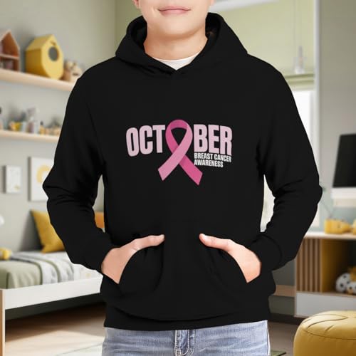 Kids Breast Cancer Awareness Month Pink Ribbon Boys Girls Lightweight Kangaroo Pocket Fleece Hoodies 6