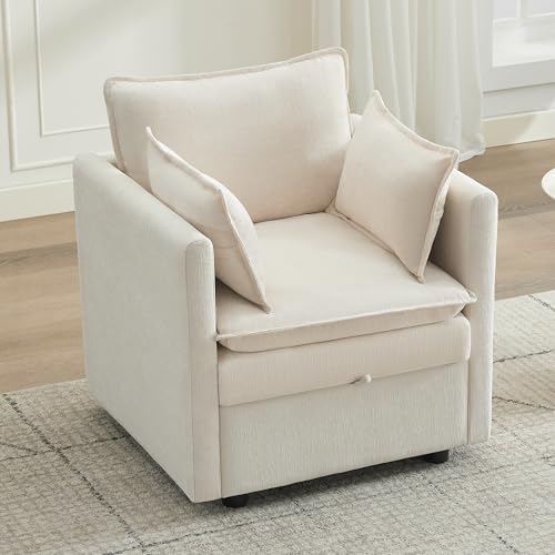 30 Cloud Modular Single Sofa Chair with Storage Modern Upholstered Accent Chair Deep Seat Chenille Reading Lounge Armchair for Living Room Bedroom Small Space Beige