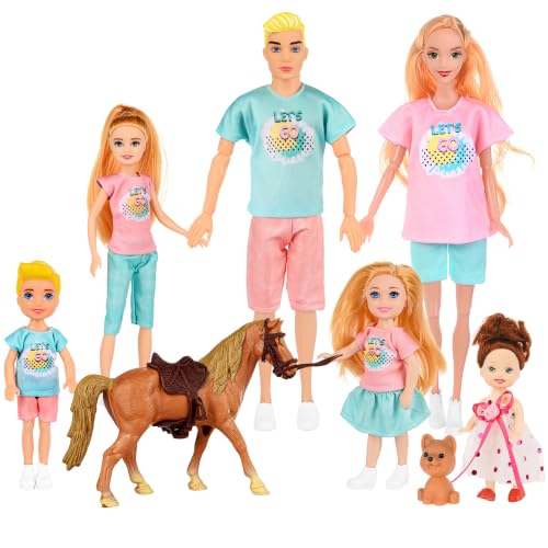 TREKFOX Family Dolls Set of 7 People Include Pregnant Mom Dad 4 Kids a Small Baby in Mommys Tummy a Puppy Dog and a Little Horse Doll Playsets and Accessories for 3-12 Years Old Toddlers Gift
