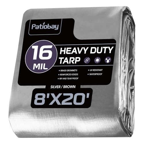 Patiobay Tarp 8x20FT 16 Mil Heavy Duty Waterproof Tarps with Grommets Every 23.6 420D Thick Plastic Tarp UV Resistant Tear & Fade Resistant Reinforced Edges for Outdoor Pool Camp Tent