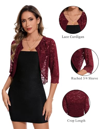 Image of MINTLIMIT Women's Elegant Floral Lace Shrug Bolero Summer Lightweight 3 /4 Sleeve Hook Open Front Cropped Cardigan for Dresses