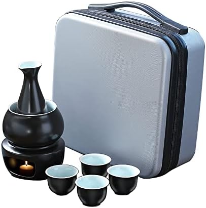 WINIAER Ceramic Sake Set with Warmer Pot, Traditional Pottery Hot Cold Saki Drink Set, 8 Pieces Include 1 Stove, 1 Warming Bowl, 1 Sake Pot, 4 Sake Cups, 1 Storage Bag