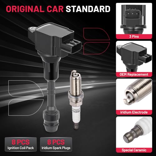 Image of BDFHYK 8 Ignition Coil Pack UF551 and 8 Iridium Spark Plug 4505 Compatible with INFINITI 07-10 QX56,Compatible with Nissan 07-15 Armada, 12-15 NV2500 NV3500, 08-12 Pathfinder Coil for 5C1729 E1051