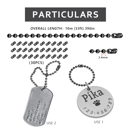 Image of 33ft Black Stainless Steel Ball Chain, 2.4mm Beaded String with 30Pcs Connectors for Necklace Bracelets Jewelry Making Dog Tag Mens Military Keychain DIY Craft