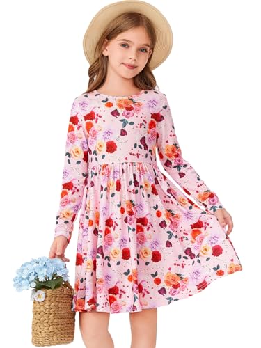 Haloumoning Girls Floral Long Sleeve Dresses Kids Flowy Skater Twirly A-line Dress with Pockets 7-14 Years