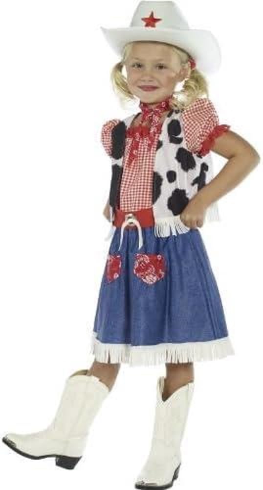 Smiffys Disfraz de niña vaquerita, Azul, con vestido, camiseta, bufanda, cinturón y sombrero