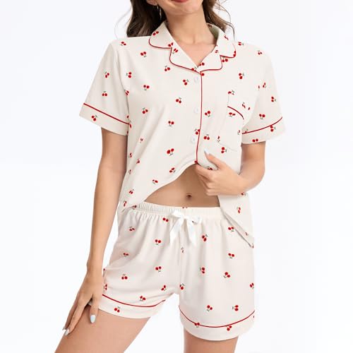 Image of Ammiko Womens Pajamas Set Y2k Loungewear Pajama Button Down Top and Shorts Monkey Beach Short Sleeve Sleepwear Preppy