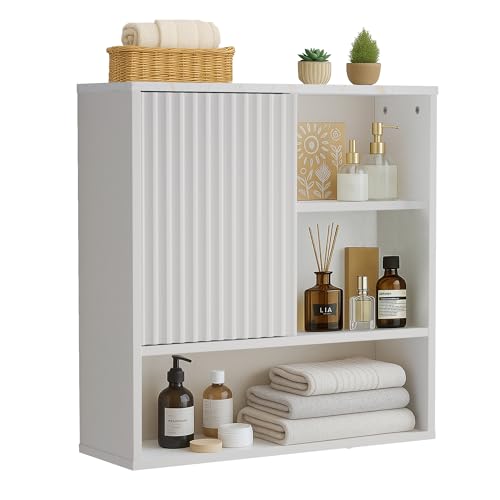 FerniTry Fluted Bathroom Wall White Medicine Cabinet, Modern Above Toilet Storage Cabinet Faux Marble Top with Adjustable Shelf, Curved Profile Wood Wall Mounted Storage Organizer (White)