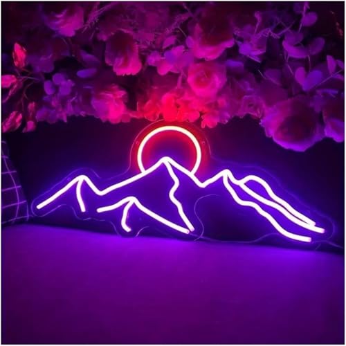 Enseigne lumineuse au néon Montagne en violet et rouge pour décoration murale
