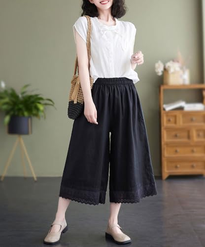 chouyatou Women's Cute Eyelet Embroidery Ruffle Hem Wide Leg Capris Elastic Waist Cropped Pants with Pockets4
