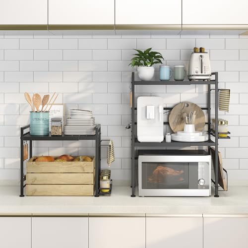 DOLALIKE Microwave Oven Rack, Expandable Microwave Stand Countertop Kitchen Utensils Tableware Storage, Carbon Steel Over Microwave Shelf Countertop with 6 Hooks