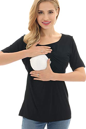 Bearsland Women's 3 Packs Maternity Nursing Tops Short Sleeve Breastfeeding Shirts,Blagrablublawhistripe,M #TOP5