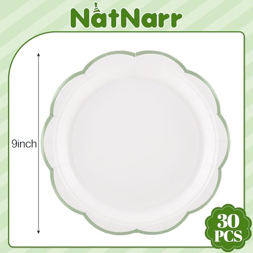 Image of NatNarr 30 Pcs Sage Green and White Paper Plates, 9 Inch White Plates with Sage Green Trim Scalloped Paper Plate Disposable for Baby Shower, Wedding, Bridal Shower, Birthday