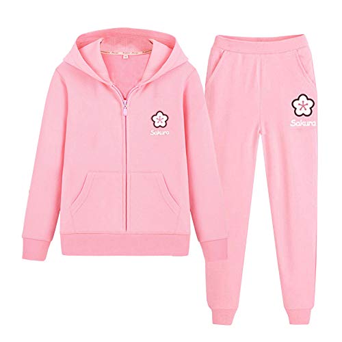 SXSHUN Niñas Traje Deportivo Conjunto de 2 Piezas con Sakura Estampado Chándal + Pantalones, Flores/Rosa + Rosa, 150cm (9-10 años) Cover