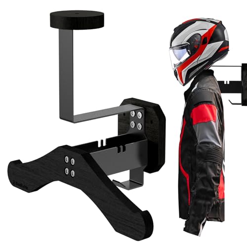 Helmet Holder- BoldByPIN Motorcycle Helmet Rack Wall Mount , Solid Wood & Heavy Duty Steel Helmet Wall Mount for Motorcycle/Football/Cycling Skiing/Tactical Gear Wall Hanger (Black)